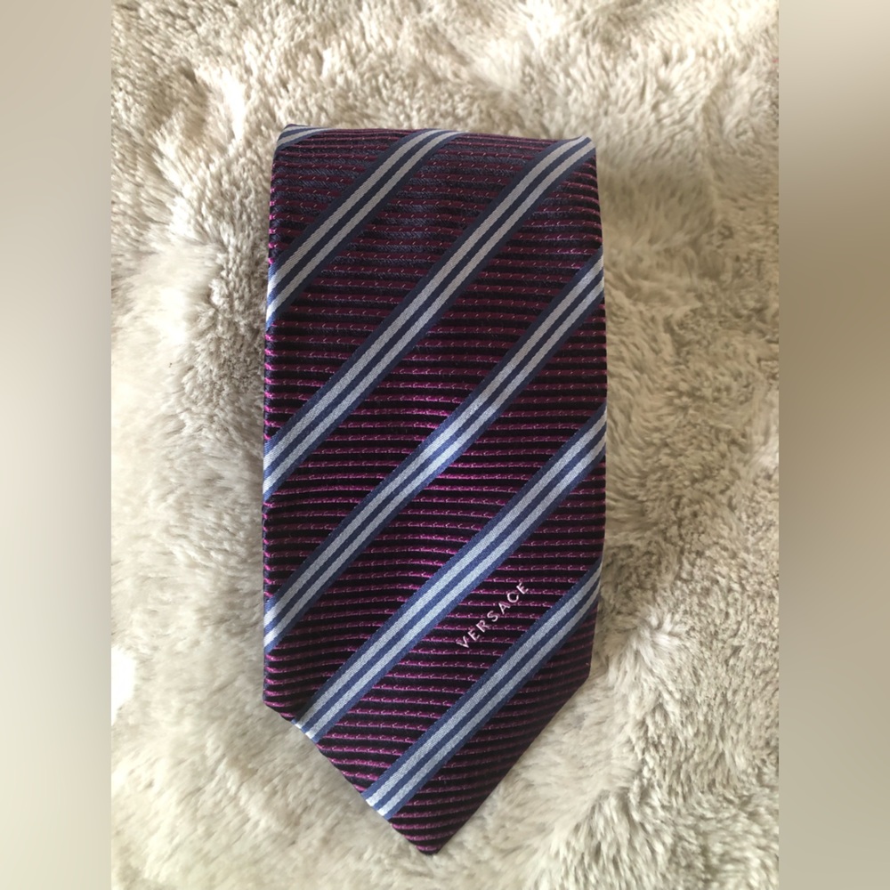 Versace Purple and Blue Diagonal Stripe Silk Tie